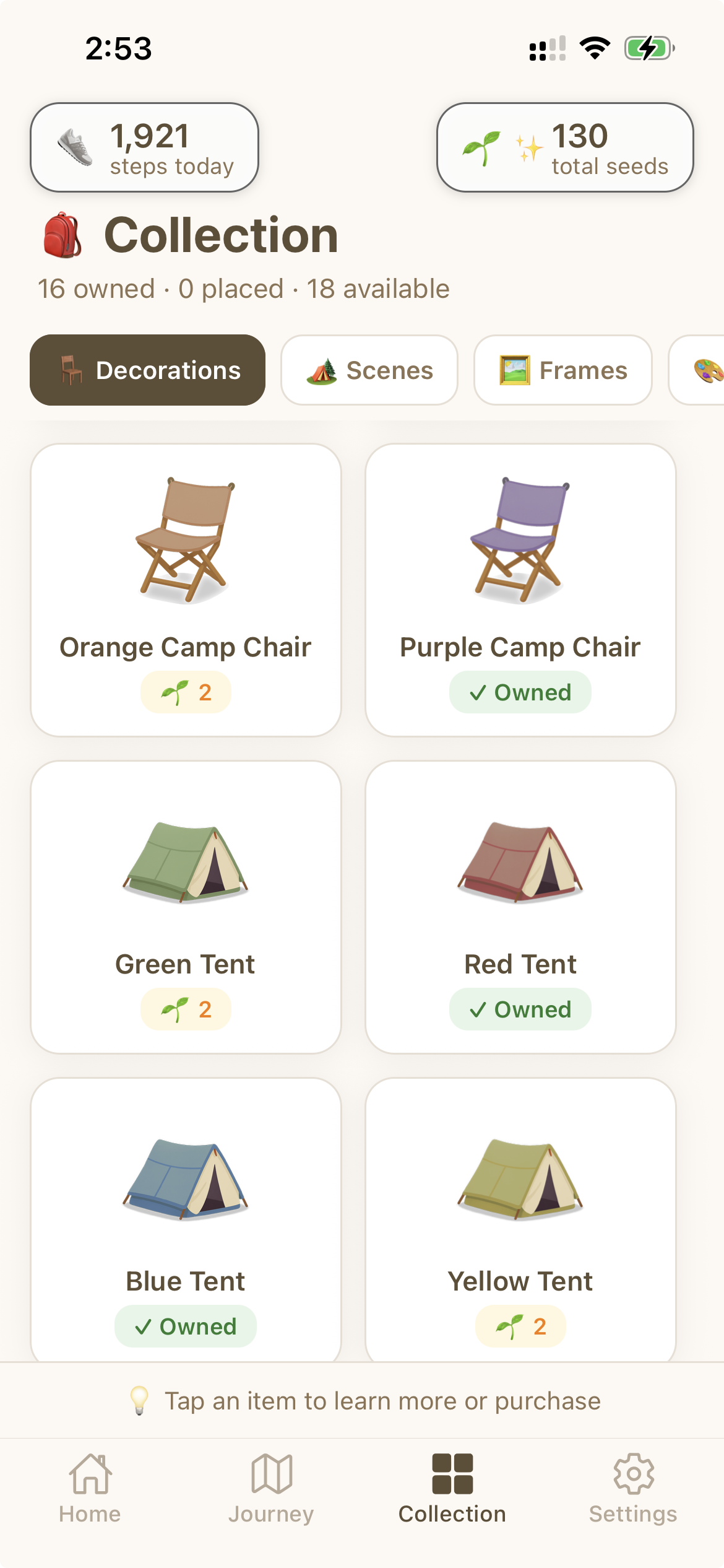 Collection screen showing gathered items