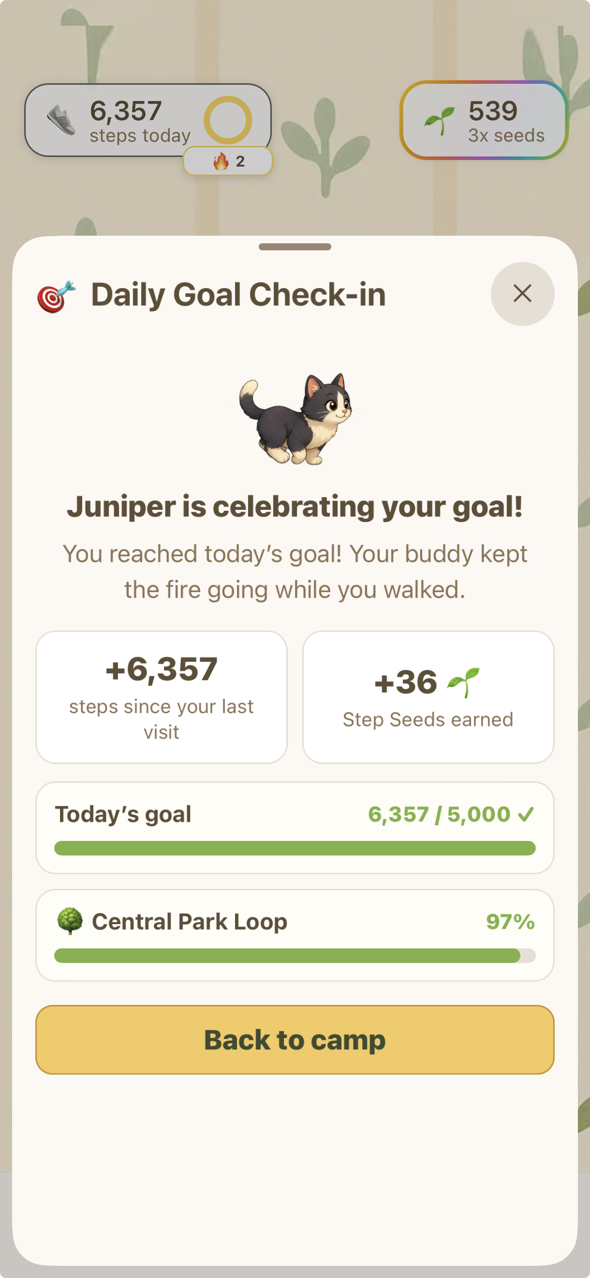 Daily Goal Check-in celebrating a completed walking goal with an animal buddy