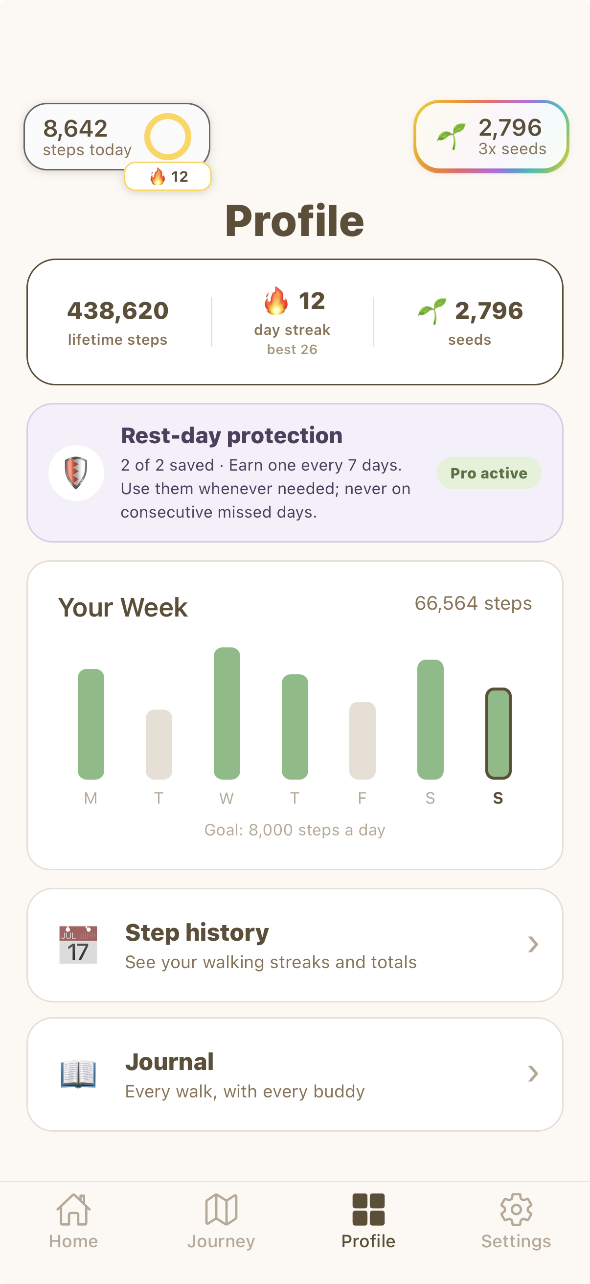 Personal walking goal, weekly activity, rest-day protection, and step history