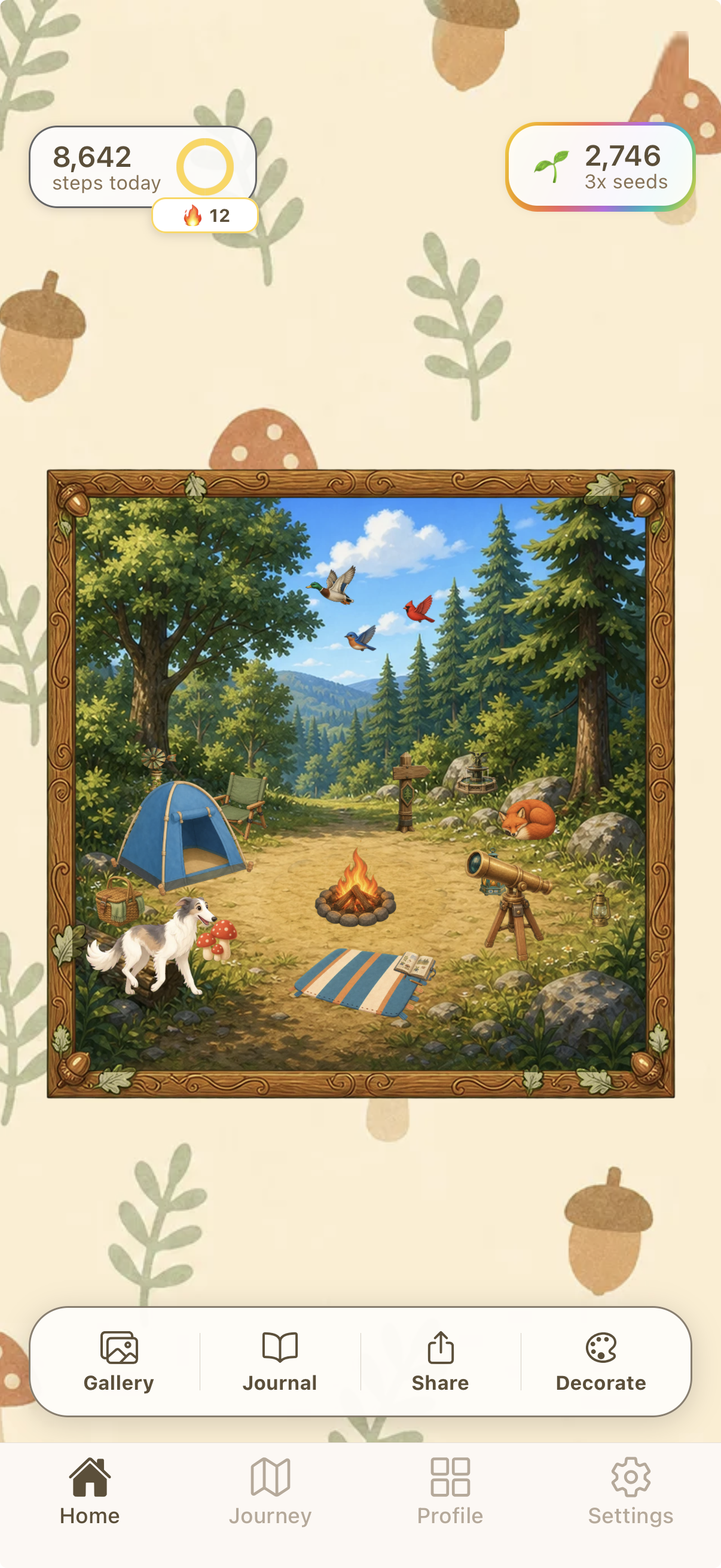 A decorated woodland camp with a walking buddy in Mosey Mate