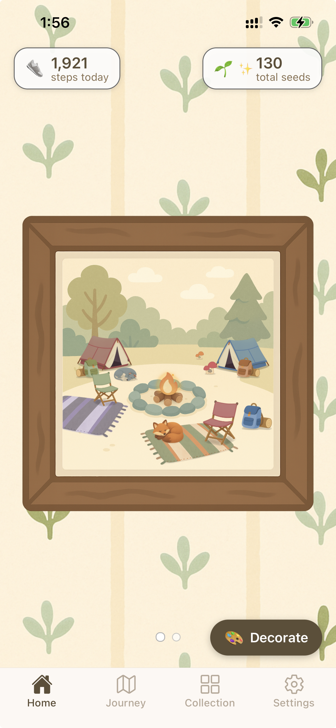 Mosey Mate app showing a cozy forest campsite with decorations
