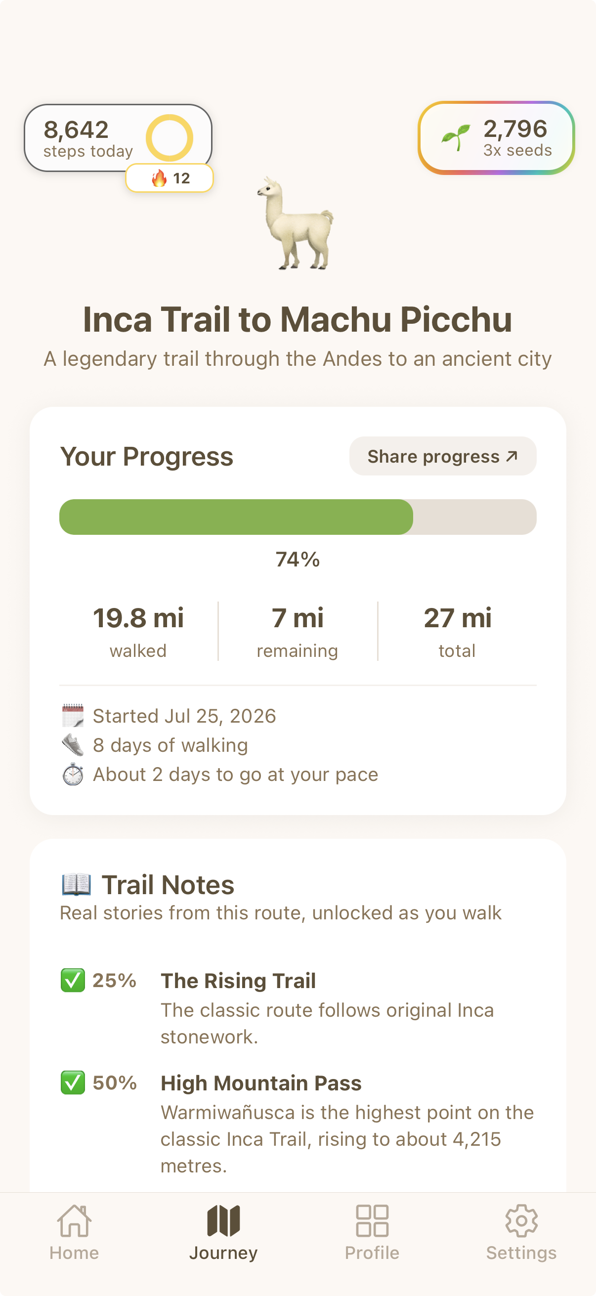 Virtual Inca Trail walking journey progress in Mosey Mate
