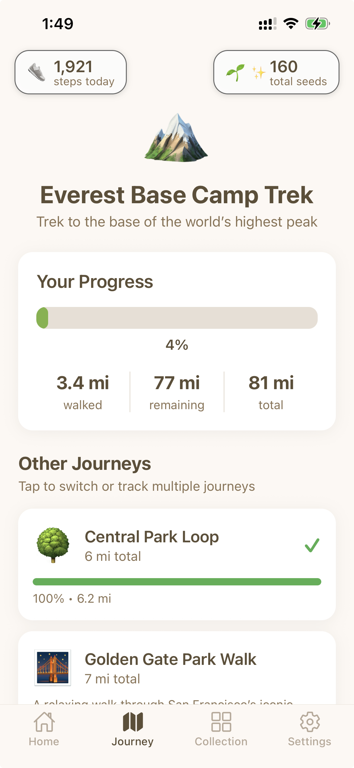 Journey screen showing walking progress