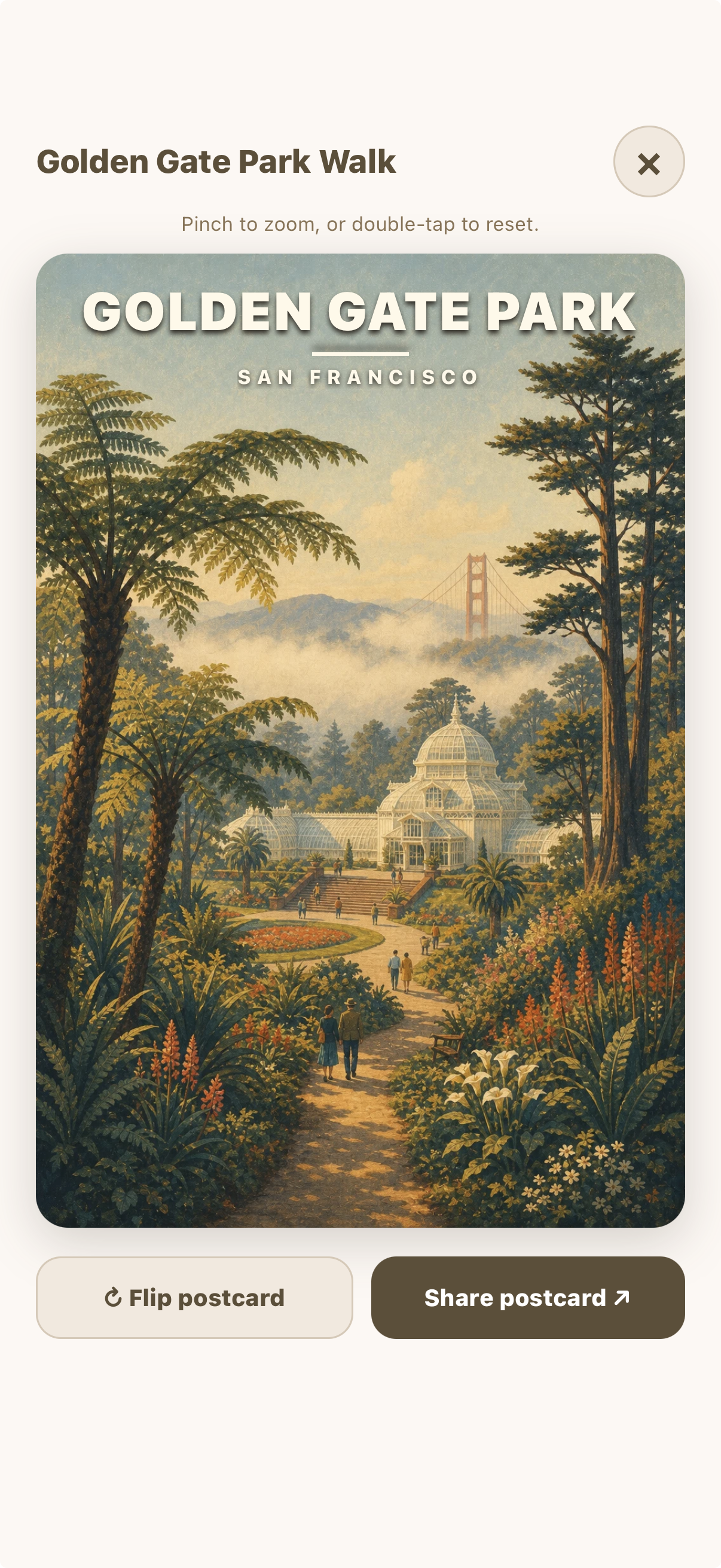 A collectible Golden Gate Park postcard earned from walking