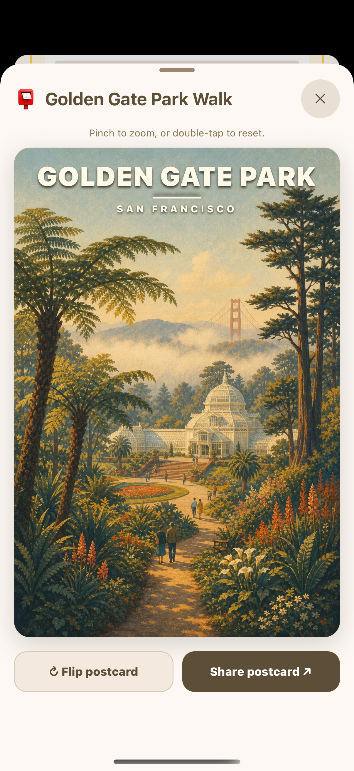 A collectible Golden Gate Park postcard earned from walking