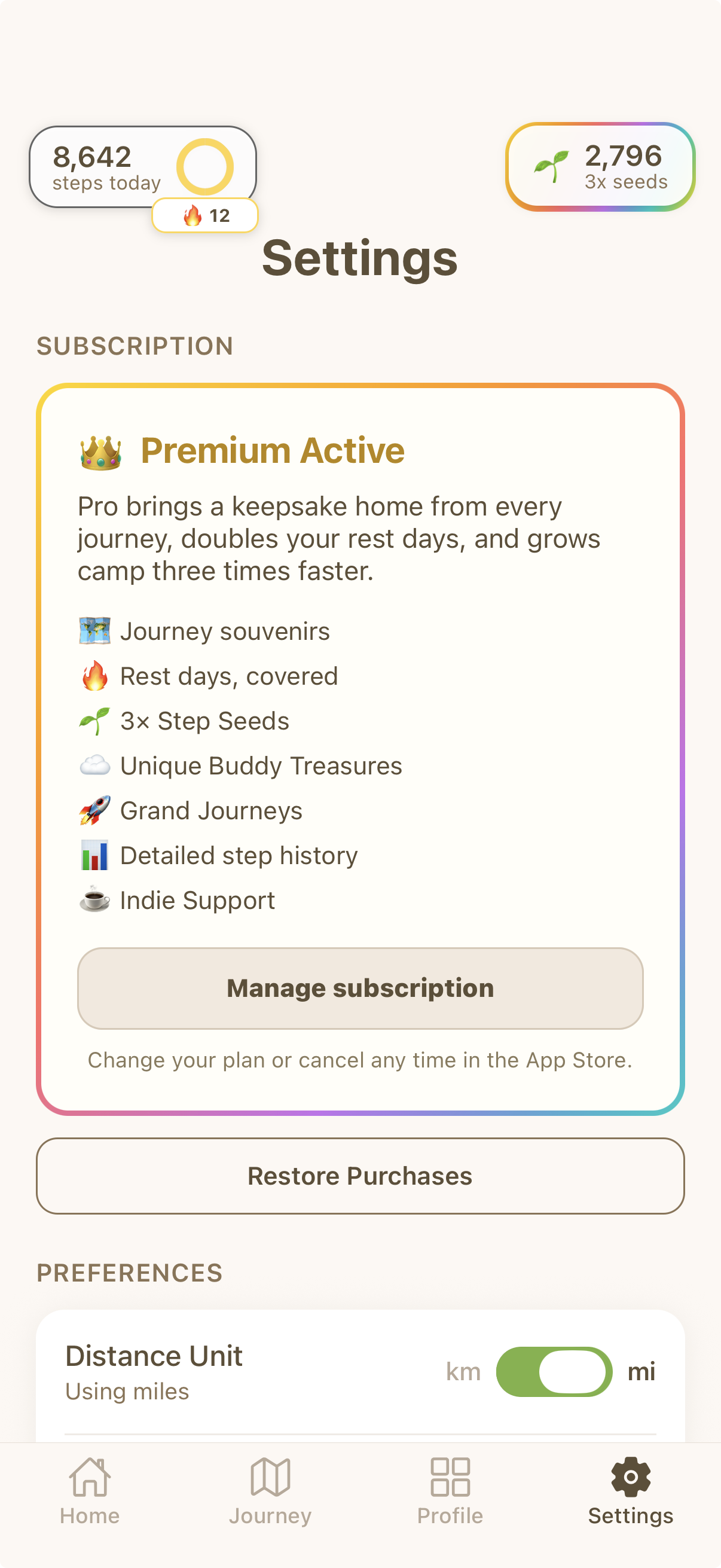 Mosey Mate Pro benefits including journey souvenirs, rest days, treasures, and Grand Journeys