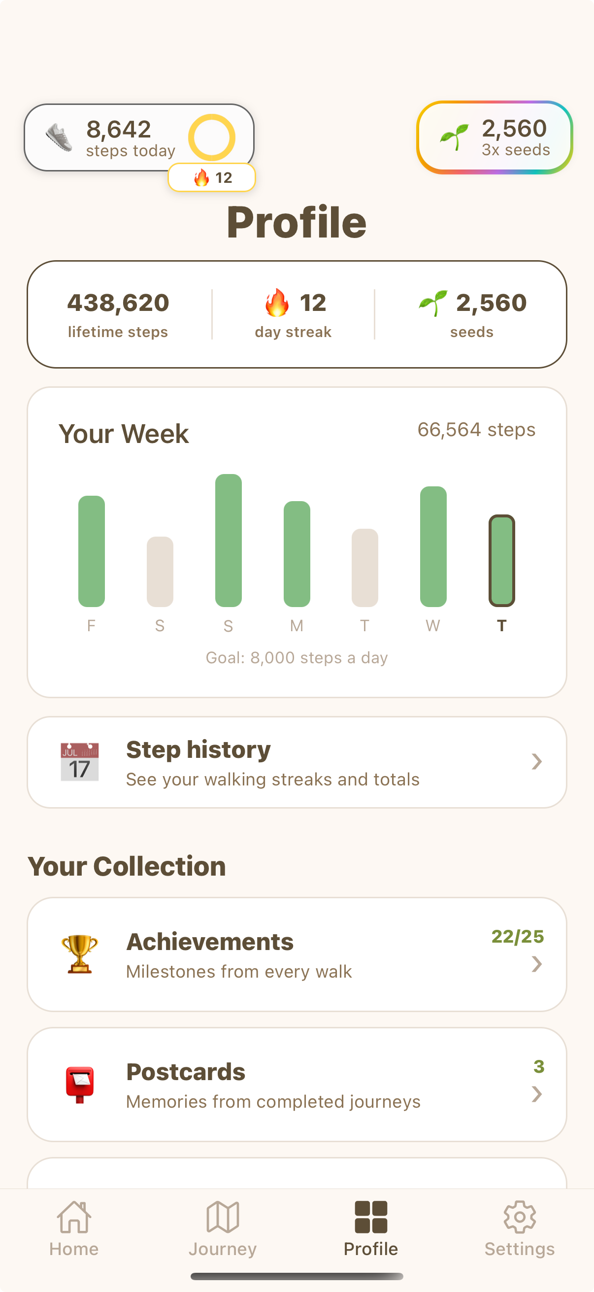 Weekly walking activity, goal streak, and collection profile
